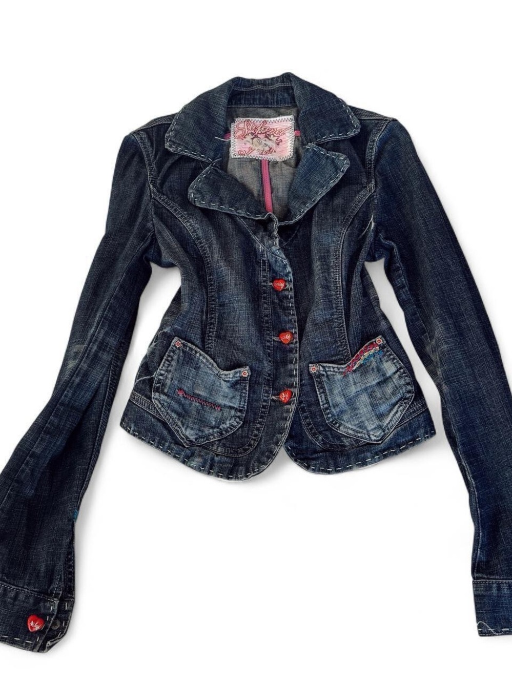 Stefanel Dark Blue Denim Jean Jacket with Red heart Accent Buttons